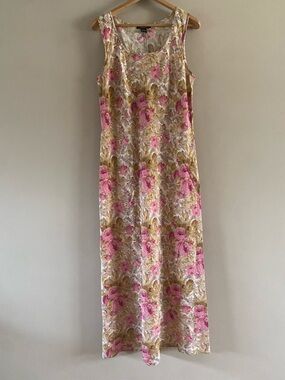 Vtg. Karen Kane Linen Floral Peony Maxi Dress Boho Cottage Core Romantic Size XL
